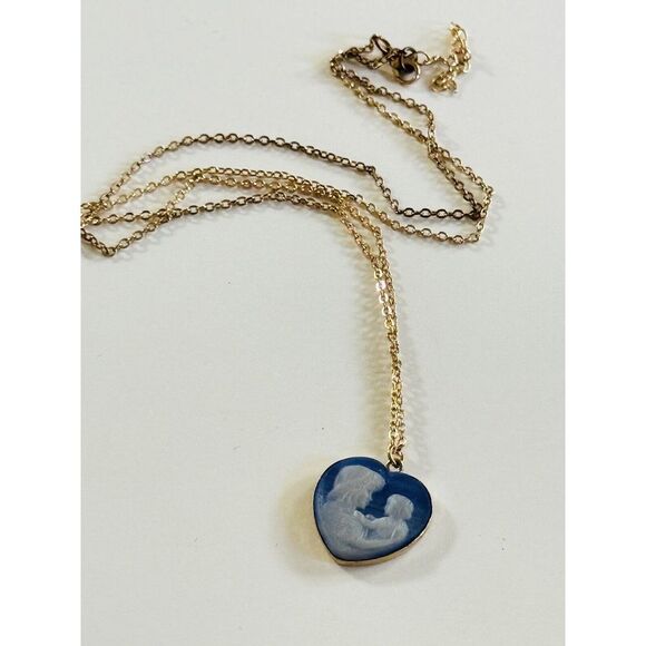 Heart necklace VTG Everlasting Love Mother Blue Agate Child 14k Gold Filled Real